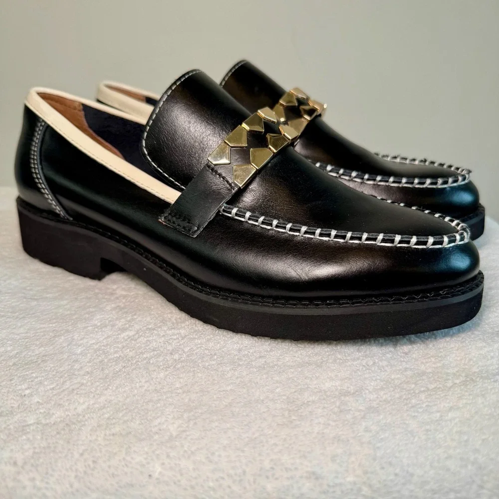 All Black Leather Clip & Stitch Slip On Loafers Contrast Stitching Size 40